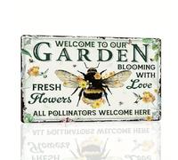 Panneau de jardin rustique en métal 1 pièce, art mural vintage « Bienvenue dans notre jardin », décoration de ferme pour patio extérieur, design floral et abeille intérieur/extérie 8x12 pouces