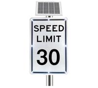 Panneau de Limitation de Vitesse Clignotant DEL Alimenté l'énergie Solaire, Panneau de Signalisation Actif Solaire 18x24in, Visibilité 500 m, IP65, pour Sécurité Routière Zone(30 Mph)