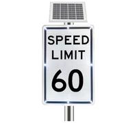 Panneau de Limitation de Vitesse Clignotant DEL Alimenté l'énergie Solaire, Panneau de Signalisation Actif Solaire 18x24in, Visibilité 500 m, IP65, pour Sécurité Routière Zone(60 Mph)