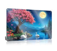 Panneau de musique rustique et étanche | Cygnes au bord du lac au clair de lune avec fleurs de cerisiers - Décoration murale indienne en métal pour homme (30 x 40 cm)