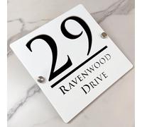 Panneau de numéro de maison suspendu creux 3D acrylique personnalisé avec nom de rue fontaine moderne | Panneau d'adresse de magasin Plaque de porte (blanc et noir)