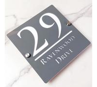 Panneau de numéro de maison suspendu creux 3D acrylique personnalisé avec nom de rue fontaine moderne | Panneau d'adresse de magasin Plaque de porte (Gris&Blanc)