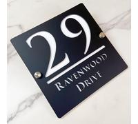Panneau de numéro de maison suspendu creux 3D acrylique personnalisé avec nom de rue fontaine moderne | Panneau d'adresse de magasin plaque de porte (noir blanc)