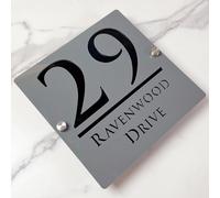 Panneau de numéro de maison suspendu creux 3D acrylique personnalisé avec nom de rue fontaine moderne | Panneau d'adresse de magasin Plaque de porte (Gris&Noir)