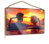 Panneau de porche à suspendre Sunset Drive : A Romantic Journey In Convertible Bliss - Panneau en bois amusant pour salle de bain - Décoration d'intérieur - Maison de ferme (23 x 35 cm)