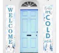 Panneau de porche en forme d'animal polaire arctique « Welcome Baby It's Cold Outside » - Bannière de porte pour garçon et fille - Fournitures de fête d'anniversaire