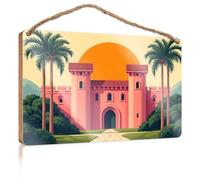 Panneau de porche printanier « A Pink Castle with Palm Trees in Front of A Large Sun Wooded Sign » - Panneau d'extérieur et décoration de salle de jeux (15 x 28 cm)
