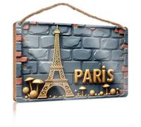 Panneau de porte à suspendre à la ferme - Tour Eiffel dorée et champignons parisiens sur mur de briques - Panneau de bienvenue - Décoration d'intérieur - 15 x 28 cm