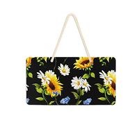 Panneau de porte à suspendre motif tournesol jaune, camomille blanche, bleuet bleu sur panneau en PVC noir, 35,1 x 24,9 cm, panneau de bienvenue pour porche, jardin, cour, maison, avant de ferme