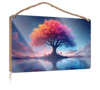 Panneau de porte amusant en bois avec reflet d'arbre coloré dans le ciel nocturne pour cuisine, décoration vintage (23 x 35 cm)