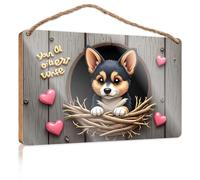 Panneau de porte de ferme à suspendre adorable Corgi dans un nid avec cœurs - Panneau de bienvenue en bois - Décoration d'intérieur (20 x 30 cm)
