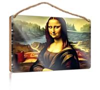 Panneau de porte de salle de bain amusant Leonardo Da Vinci'S Mona Lisa : A Masterpiece Reimagined Panneau en bois Décoration de ferme Panneau de porte à suspendre (23 x 35 cm)