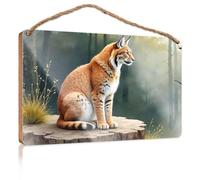 Panneau de porte de salle de bain pour la maison « A Majestic Lynx perché sur une souche dans une forêt brumeuse » - Décoration murale d'automne et de bureau (20 x 30 cm)