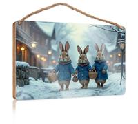 Panneau de porte de salle de bain pour la maison, trois lapins en hiver, paniers de transport sur une rue enneigée, panneau de décoration murale pour décoration de bureau d'automne (15 x 28 cm)