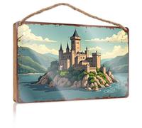 Panneau de porte décoratif château médiéval sur une île rocheuse au milieu des montagnes sereines - Décoration de porte d'hiver amusante - Panneau de bureau (15 x 28 cm)