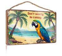 Panneau de porte décoratif en bois avec perroquet sur plage tropicale : « Don'T Worry, Be Happy » - Décoration murale amusante pour salle de bain (15 x 28 cm)