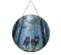 Panneau de porte d'entrée en bois de 20 cm - Panneau rustique à suspendre pour décoration d'intérieur ronde en bois, panneau de forêt de loup, art mural vintage pour salon, bar, café, facile à