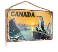 Panneau de porte d'entrée humoristique Canada : Penguins By The Sunset Coastline Wooded Sign Our Home Signs For Home Decor Home Sweet Home Sign (23 x 35 cm)