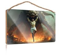 Panneau de porte en bois « A Muscular Man Is Being Lifted By A Giant Monster In A Burning City » - Décoration murale amusante pour salle de bain et cuisine (20 x 30 cm)