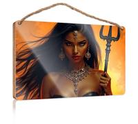 Panneau de porte en bois « A Woman with Long Dark Hair Hold A Trident Against an Orange Background » - Panneau en bois - Décoration murale amusante - Panneau de bar pour décoration d'intérieur (15 x