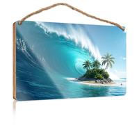Panneau de porte en bois avec île tropicale avec palmiers sous une vague géante - Décoration murale amusante - Panneau de bar pour décoration d'intérieur (20 x 30 cm)