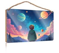 Panneau de porte en bois « Child Gazing At Colorful Planets In The Sky » - Cadeau d'été (20 x 30 cm)