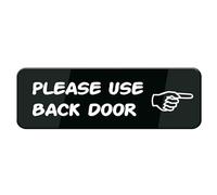 Panneau de porte « Please Use Back » - 25,4 x 7,6 cm - En plastique acrylique - Avec symboles - Autocollant - Pour restaurant, salon, hôtel, motel, toilettes publiques