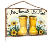 Panneau de porte pour porte d'entrée extérieur Bottes jaunes entourées de tournesols avec la phrase Be Humble, Be Kind Above Wooded Panneau décoratif à suspendre pour piscine et décoration d'extérieur