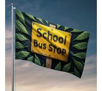 Panneau de porte pour porte d'entrée, panneau d'arrêt de bus scolaire vintage entouré de feuilles vertes luxuriantes, panneau en bois, décoration de maison ou de bureau (60 x 90 cm)