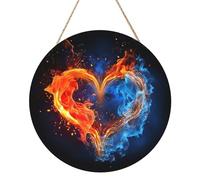 Panneau de porte rond en bois à suspendre avec corde en forme de cœur de feu et d'eau, 30,5 cm, décoration d'intérieur de ferme, cadeau