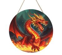 Panneau de porte rond en bois à suspendre Roi dragon en feu de 30,5 cm avec corde, décoration d'intérieur de ferme, cadeau
