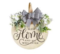 Panneau de porte rond en bois « This Home And All Who Enter », couronne de porte d'entrée amusante avec nœud papillon pour intérieur et extérieur, porte d'entrée, porche, fenêtre (beige, 30 x 38 cm)