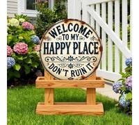 Panneau de porte « Welcome To My Happy Place » - Décoration murale ronde vintage - Panneau en métal à suspendre - Pour porte d'entrée, porche, terrasse, jardin, cour, clôture, maison, chambre, cuisine