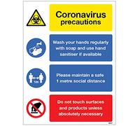 Panneau de précautions coronavirus - Se laver les mains, maintenir une distance de 1 mètre, éviter le toucher des surfaces Panneau PVC semi-rigide (300 x 400 mm)