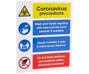 Panneau de précautions - Se laver les mains, maintenir une distance de 2 m, éviter de toucher les surfaces.