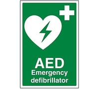 Panneau de premiers soins, inscription en anglais « AED emergency defibrillator », 200 mm x 300 mm, vert