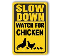 Panneau de ralentissement, panneau « Please Slow Down », panneau de croisement de poulet, panneaux d'avertissement extérieurs, panneau en aluminium « Watch For Chicken » 8 x 12 pouces