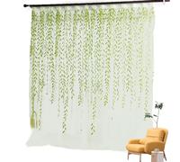 Panneau De Rideau En Voile De Saule - Filtre Doucement La Lumière Du Soleil, Motif Feuille Verte, Bord Pailleté Doré, Hauteur 100 X 200 Cm Ou 270 Cm, Tissu Tulle Polyester Transparent - pour Décorat