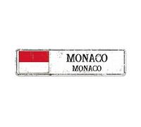 Panneau de rue de Monaco personnalisé en métal avec drapeau de Monaco capitale de Monaco en métal - Décoration murale vintage en métal rustique - Cadeau pour un ami étranger, un voisin 30,5 x 7,6 cm