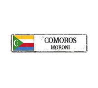 Panneau de rue personnalisé Comores - Panneau de drapeau des Comores - Capitale Cité des Comores en métal - Décoration murale rustique - Décoration intérieure et extérieure pour maison, homme,