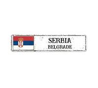 Panneau de rue personnalisé Serbie Drapeau Serbie Capitale Pays Souvenir en aluminium Panneau rustique vintage Décoration d'intérieur et d'extérieur Cadeau pour un ami étranger, voisin 10,2 x 45,7 cm