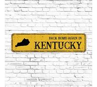 Panneau de rue vintage en métal « Back Home Again in Kentucky » - 10,2 x 45,7 cm - Jaune - Décoration d'intérieur rustique pour extérieur, jardin, porche, porte d'entrée, cadeau de pendaison de