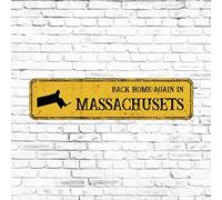Panneau de rue vintage en métal « Back Home Again in Massachusets » - 7,6 x 30,5 cm - Jaune - Décoration d'intérieur rustique pour extérieur, jardin, porche, porte d'entrée, cadeau de pendaison de