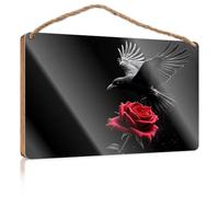 Panneau de salle de bain amusant « A Black Crow Perches on A Red Rose Against A Dark Background » - Décoration de porte, porche, automne (23 x 35 cm)