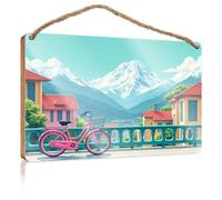 Panneau de salle de bain amusant - Décoration murale « A Pink Bicycle Leans Against A Railing With Snow-Capped Mountains » - Décoration murale en bois pour la maison (23 x 35 cm)