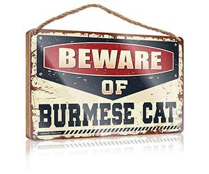 Panneau de salle de bain amusant en bois « Beware of Burmese Cat » - Décoration d'intérieur - Cadeau pour les amis au travail (23 x 35 cm)