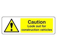 Panneau de sécurité autocollant « Caution Look Out For Construction Vehicles » (600 mm x 300 mm) Distance de visualisation à moins de 14 m.