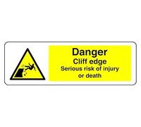 Panneau de sécurité autocollant « Danger A Cliff Edge Serious Risk Of Injury Or Death » (150 mm x 50 mm) Distance de visualisation à moins de 3 m.