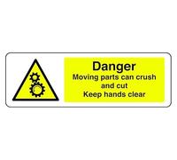 Panneau de sécurité autocollant « Danger Moving Parts Can Crush And Cut Keep Hands Clear » (150 mm x 50 mm) Distance de visualisation à moins de 3 m.