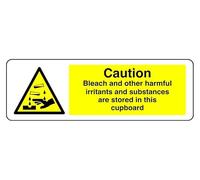 Panneau de sécurité avec inscription « Caution Bleach And Other Harmful Irritants And Substances Are Stored In This Cupboard » - Autocollant à haute adhérence (150 mm x 50 mm) - Distance de
